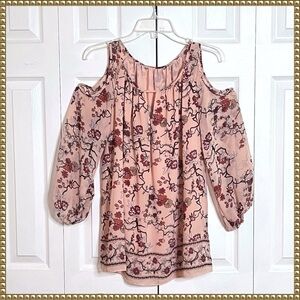 Floral Pink Cold Shoulder Long Sleeve Blouse Large